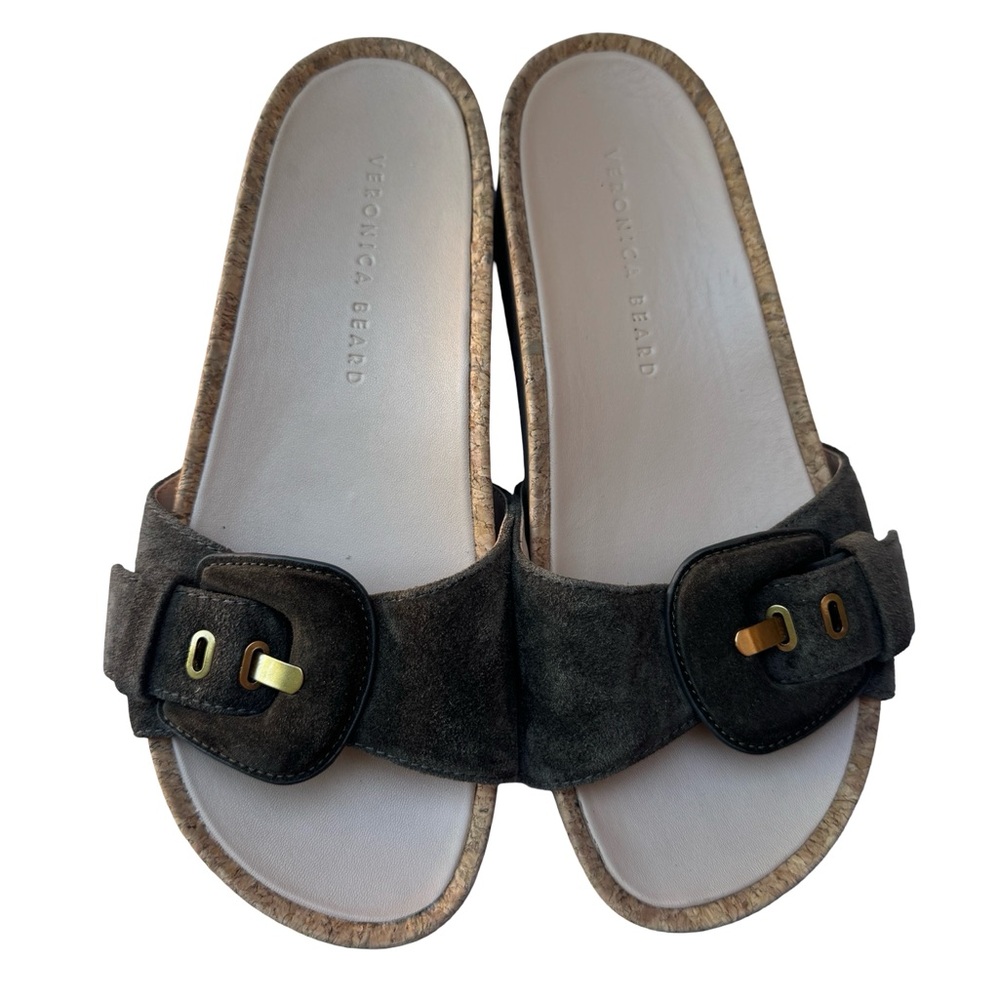 Veronica Beard Olive Green & Brown m Slide Sandals with Gold Buckle